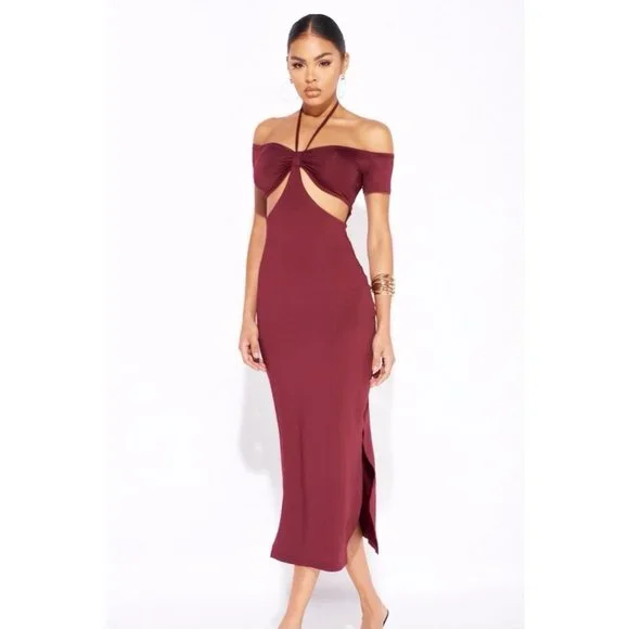 Burgundy Halter Neck Off Shoulder Short Sleeve Slit Cutout Bodycon Midi Dress - Picture 8 of 13